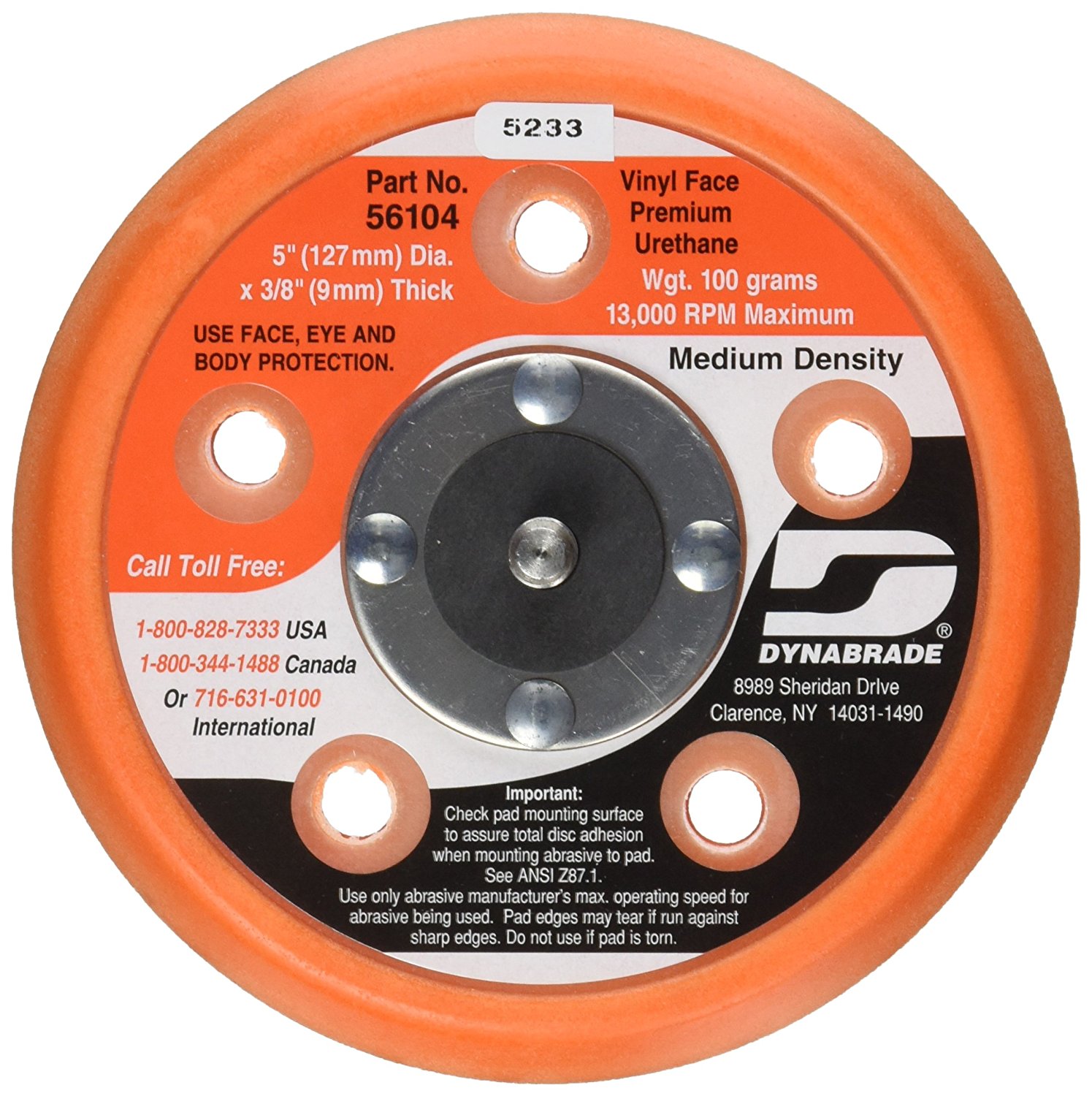 Dynabrade 56104 5 inch vacuum PSA disc pad with vinyl face